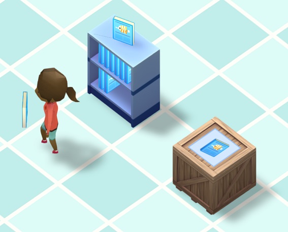 Links het lichtblauwe Boekenrek, rechts de Voorraadkist. De Gidsen zijn lichtblauw van kleur, met een Pincetvis erop afgebeeld; het Boekenrek heeft twee schappen, en één Gids staat boven op het rek. Links loopt een Bezoeker, die pas een Gids gekocht heeft (de Gids 'zweeft' voor haar lichaam).