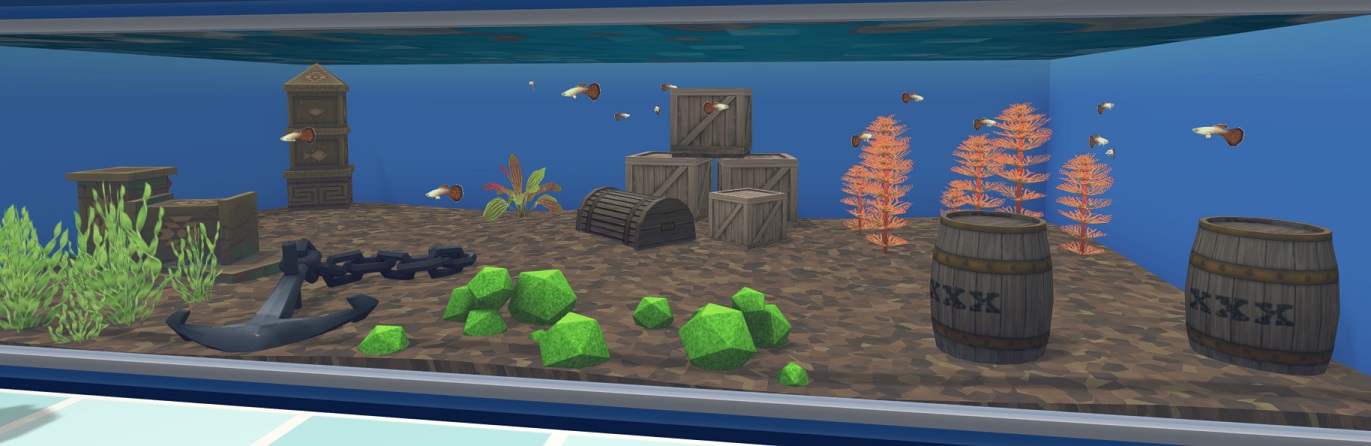 Een Aquarium vol Guppies. De Guppies hebben opvallend grote staartvinnen. Het Aquarium bevat diverse Planten, Tonnen, een Krabbenval, een Anker, Azteekse Blokken en een Azteekse Zuil.