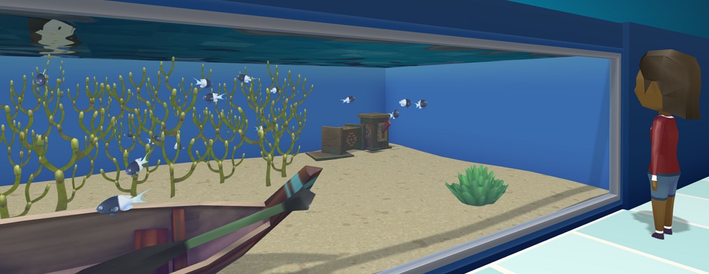 Een groep Half And Half Chromis in hun Aquarium, met hun typisch wit/zwarte kleurtjes. Een Bezoeker bekijkt het Aquarium van rechts. In het Aquarium liggen een Kano, Azteekse Blokken, Knotswier en Zeesla.