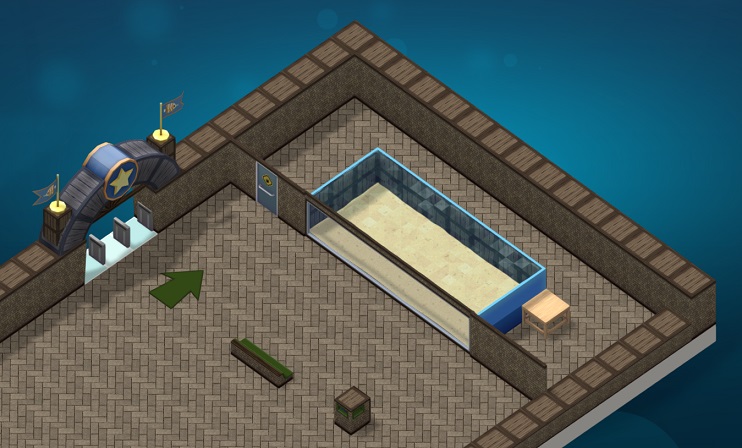 Een Bezoekerspijl, Zitbankje, Vuilnisbak, Aquarium en de Ingang, allen gedecoreerd volgens Havenstijl 2.