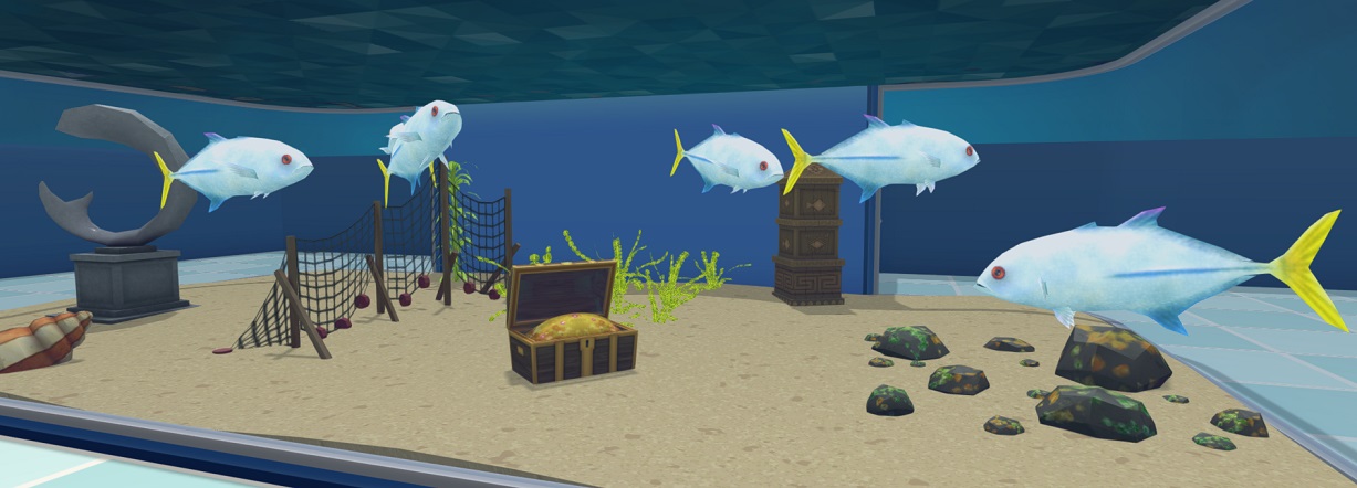 Vijf Horse-eye Jacks in hun Aquarium. De Vissen hebben een lichtblauw lichaam en gele staartvinnen. Diverse Versieringen liggen in het Aquarium: een Standbeeld, Netten, een Piratenschatkist, diverse Planten, Levend Puin en een Azteekse Zuil.