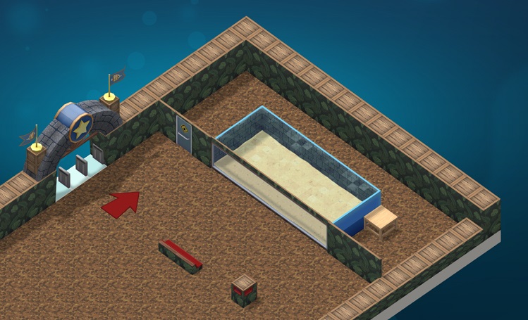 De Aquariumingang, een Bezoekerspijl, een Zitbankje, een Vuilnisbak en een Muur Aquarium, alles in junglestijl 1.