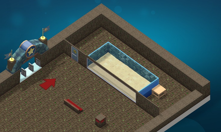 De Aquariumingang, een Bezoekerspijl, een Zitbankje, een Vuilnisbak en een Muur Aquarium, alles in junglestijl 2.