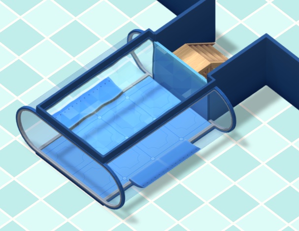 Vogelperspectief van een Kreisel-Aquarium: een lange, buisvormige Waterbak met achteraan een voederplatform en trapjes.