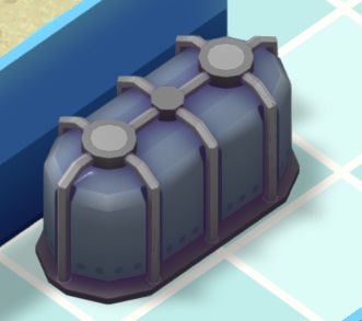 Vogelperspectief van een Large Filter: een donkerblauw langwerpig toestel, dat hier links aan een Aquariumwand grenst.
