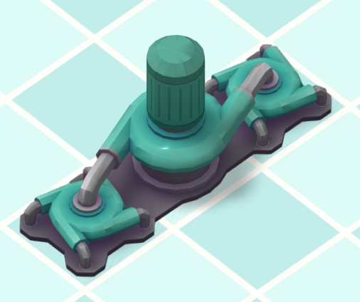 Vogelperspectief van een large Pump: een blauwgroen toestel, bestaande uit twee kleine pompen, met elkaar verbonden via een groter middendeel.
