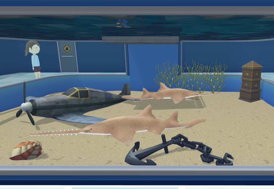 Twee Gewone Zaagvissen zwemmen onderaan in hun Aquarium: de bovenste zwemt naar rechts, de onderste naar links. Hun Aquarium is versierd met Knotswier, een Vliegtuigje, een Anker, een Schelphoorn en een Azteekse Zuil.