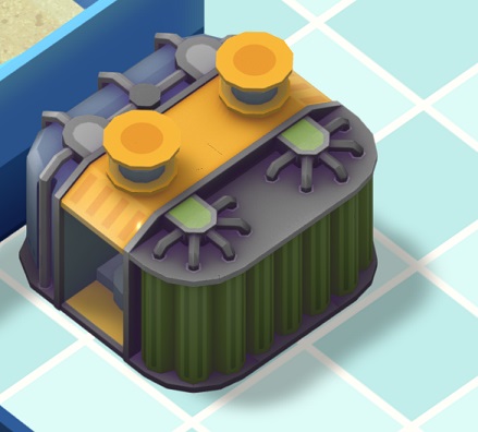 Vogelperspectief van een Large Triple Filter: een breed apparaat dat er links uitziet als een Grote Waterfilter, in het midden als een Grote Eiwitafschuimer, en rechts als een Grote Nitraatreactor. Dit apparaat grenst links aan een Aquarium.