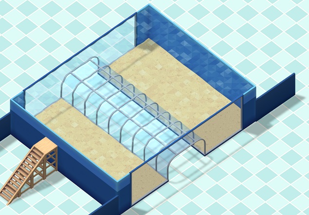 Vogelperspectief van een Large Tunnel Tank: een enorm Aquarium met middenin een tunnel van de voorkant naar de achterkant, waardoor Bezoekers kunnen lopen.