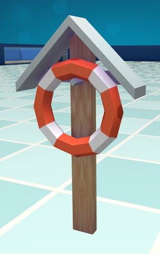 Een verticale houten plank met een simpel afdakje. Aan de plank hangt een rood/witte Reddingsboei.