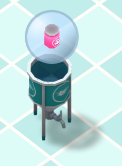 Een rond, blauwgroen 'vat' op drie poten, met een kraantje vooraan. Op het vat staat een omcirkeld Artemia-kreeftje afgebeeld. Boven het vat 'zweeft' een mini-afbeelding van een potje met Zoöplankton, dat aangeeft dat het vat nog niet 'gevoederd' werd.