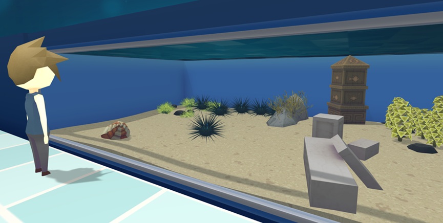 Een Bezoeker staat links voor een Muur-Aquarium met zes Diadeemzee-egels: 'bollen' vol met lange, zwarte stekels. Griekse Blokken, een Slakhoorn, een Azteekse Zuil en diverse Planten en Rotsen versieren het Aquarium.