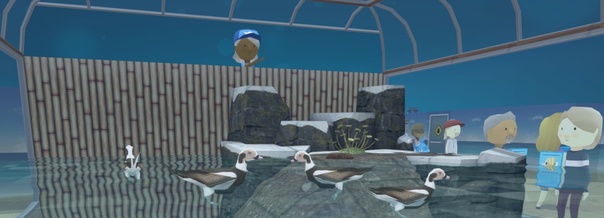 Vier IJseenden drijven op het wateroppervlak in hun 'Polar Dome'. Bovenaan is een voederende Aquarist te zien. Bezoekers passeren de 'Dome' aan de rechterkant.
