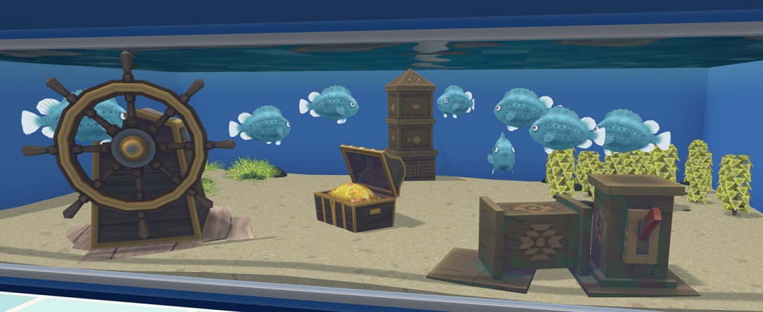 Acht Snotolven zwemmen tussen Decorstukken, zoals een Roer, een Azteekse Zuil, een open Schatkist en Azteekse Blokken. De Vissen hebben een bolvorm en zijn blauwgrijs van kleur, met witte vinnen.