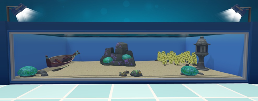 Vooraanzicht van een Muur-Aquarium met vier Maze Corals (één links, één rechts; de twee andere Koralen zitten op een Centerpiece). De Koralen zijn bolrond en vertonen de doolhof-achtige lijnen op het Lichaam. In de Waterbak dienen een Kano, een Lantaarn en Levende Rotsen als decoratie.