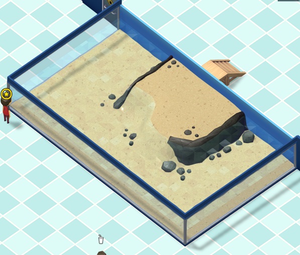 Vogelperspectief van een Medium Beach Tank. De Medium Beach Tank is een Aquarium met een 'Schiereiland' (dat langs één kant aan de Aquariumwand vastzit) in het midden.