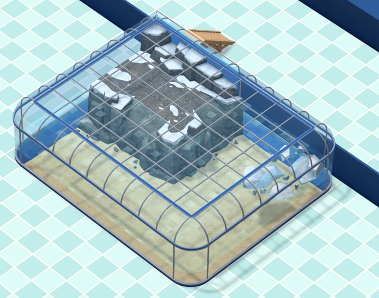 Vogelperspectief van een Medium Polar Dome. De Medium Polar Dome omvat een Waterlichaam, met in één hoek een Rotsmassa.