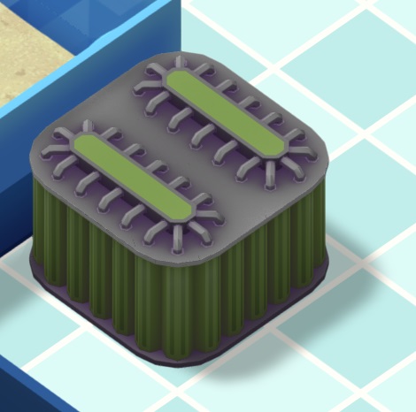 Vogelperspectief van een Mega Nitrate Reactor, een groen en vierkant toestel. Dit apparaat grenst links aan een Aquariumwand.