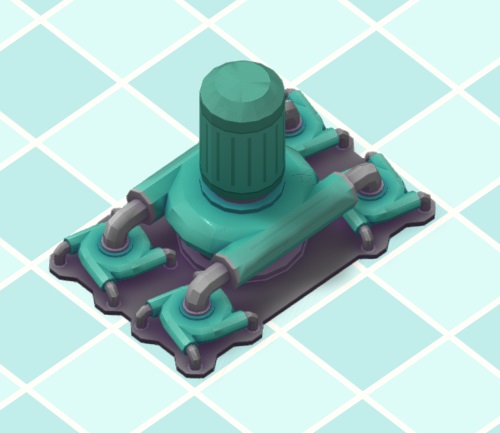 Vogelperspectief van een Mega Pump, een blauwgroene Waterpomp. Vier 'mini-pompen' (twee rijen van twee) worden verbonden door het middengedeelte.