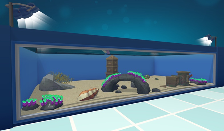 Een Muur-Aquarium met vier Groene Sterpoliep-kolonies: links en rechts één kolonie op een gewone Steen, en in het midden twee kolonies op een Stenen Grot. In het Aquarium liggen ook een Slakschelp, een Azteekse Zuil, Azteekse Blokken en diverse Planten en Rotsen.