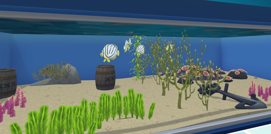 Vier zwemmende Meyers Koraalvlinders. De Vissen zijn wit met zwarte verticale strepen, en ze hebben gele accenten rond de mond en de staartvin. Hun Aquarium bevat zeer veel Planten en Rotsen.