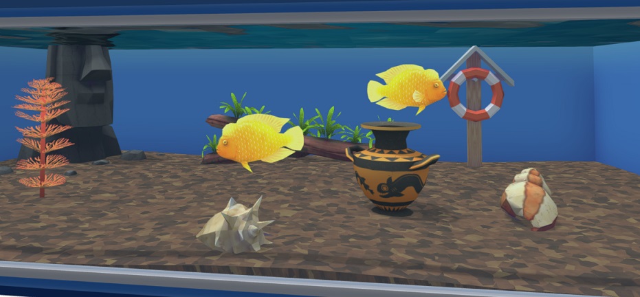 Een Muur-Aquarium met twee Citroencichliden; de linkse zwemt naar links, de rechtse zwemt naar rechts. De Vissen hebben een geeloranje lichaam en een opvallende 'bult' boven op hun kop.