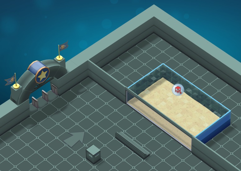 De Aquariumingang, een Bezoekerspijl, een Zitbankje en Vuilnisbak, en een Muur-Aquarium in Minimalistische stijl nummer twee.