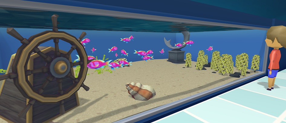 Een Bezoeker bekijkt een Aquarium vol Vierkantsvlagbaarzen van rechts. De Vissen zijn opvallend, bijna fluo-paars met al even opvallende gele en lichtblauwe accenten.