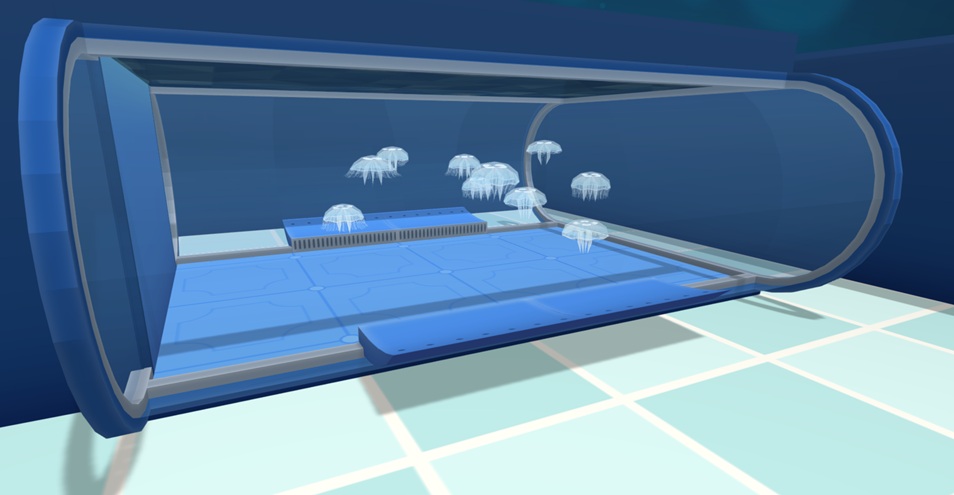 Zij-aanzicht van een Kreisel-Aquarium waarin tien doorzichtige Oorkwallen drijven.