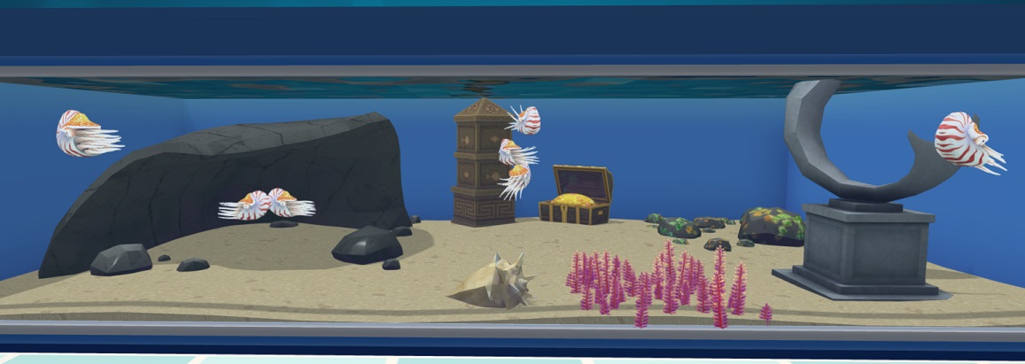 Zeven Nautili in hun Aquarium. Links staat een Grote Grot. De Dieren hebben een oranjewitte spiraalvormige schelp, waar witte 'tentakels' uitsteken.