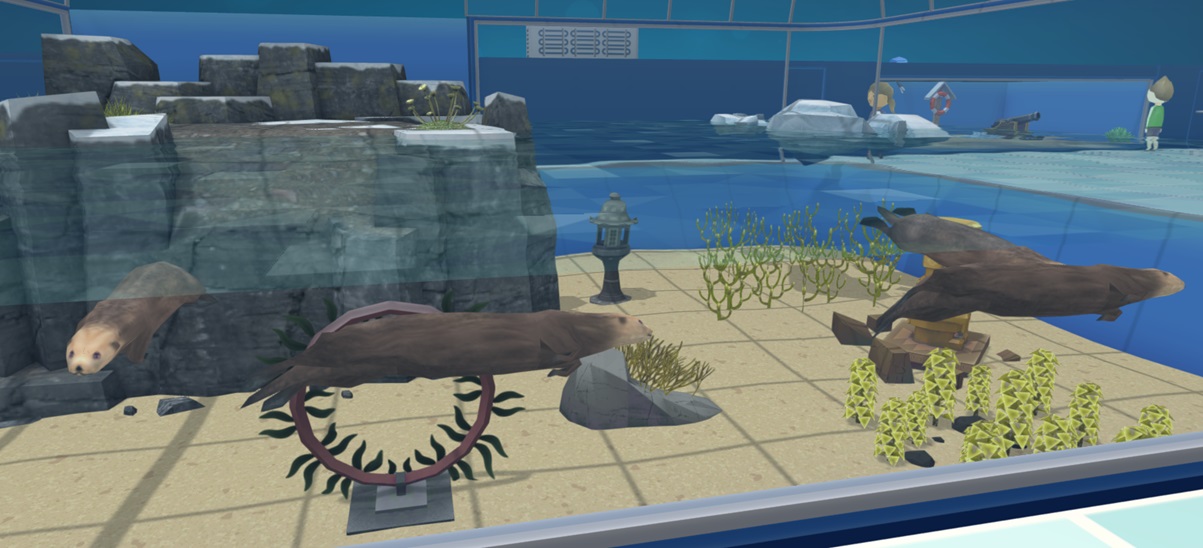 Vier Zee-otters zwemmen in hun Polar Dome. Onder water staan vele Waterplanten, en links staat een Kelphoepel.