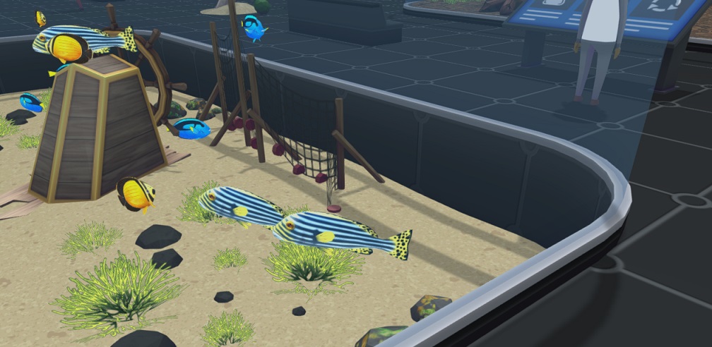 Een Aquarium met Arabian Butterfly-Vissen, Regal Tang-Vissen en Oosterse Diklipvissen. De Diklipvissen zijn blauw, met donkerblauwe, horizontale strepen. Kop en Vinnen zijn geel.