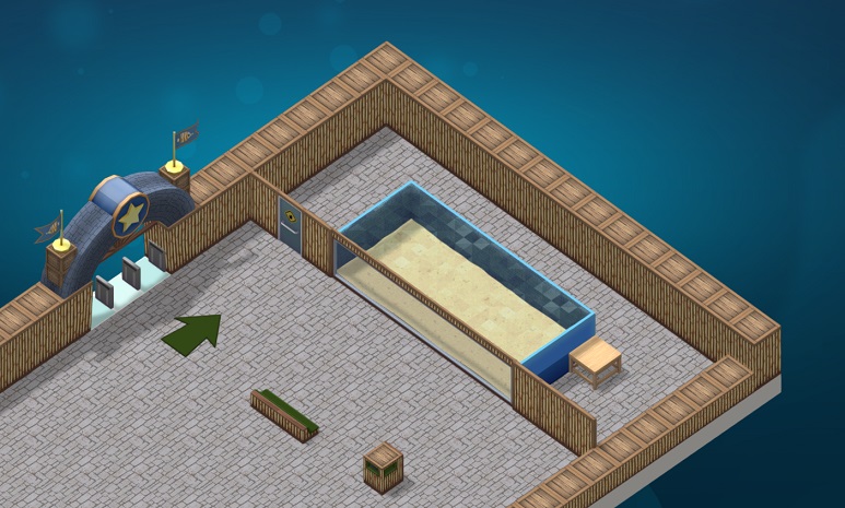 De Aquariumingang, een Bezoekerspijl, een Zitbankje, een Vuilnisbak en een Muur-Aquarium in de eerste Pacifische stijl.