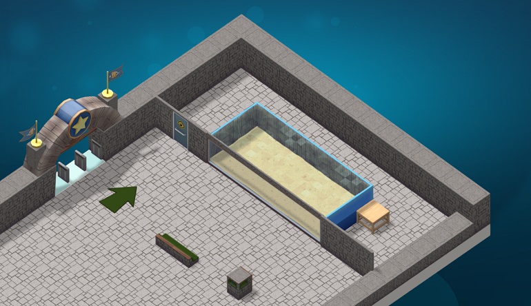 De Aquariumingang, een Bezoekerspijl, een Zitbankje, een Vuilnisbak en een Muur-Aquarium in de tweede Pacifische stijl.