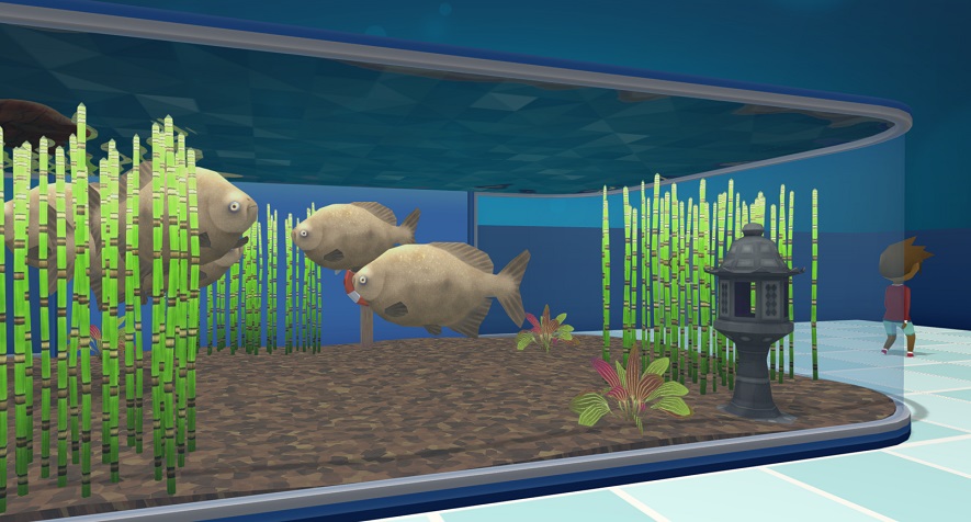 Een groep Zwarte Pacu's in hun Aquarium. Het zijn grote Vissen met een lichtbruine lichaamskleur. Diverse Planten, waaronder enkele Paardenstaarten, groeien in het Aquarium en blokkeren aan de linkerkant het zicht op de Vissen. Rechts wandelt een Bezoeker weg van het Aquarium.