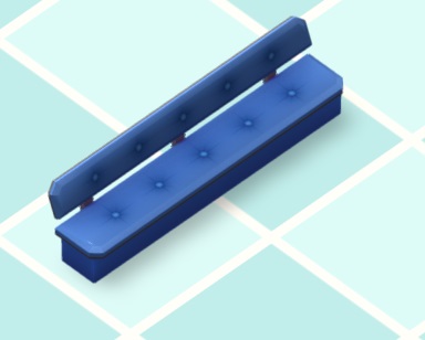 Vogelperspectief van een Padded Bench. De blauwe Bank heeft een leuning. Zowel leuning als zitkant hebben kenmerkende 'noppen'.