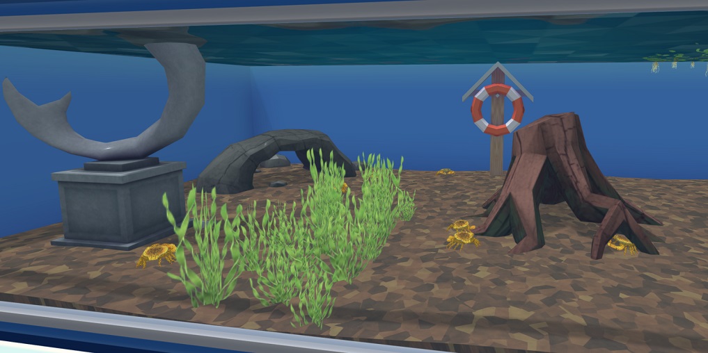 Zes Panterkrabben in hun Aquarium. Een Modern Standbeeld, Reddingsboei, een Grot, Planten en een Bogwood Trunk liggen in het Aquarium. De Krabben hebben een geelbruine lichaamskleur.