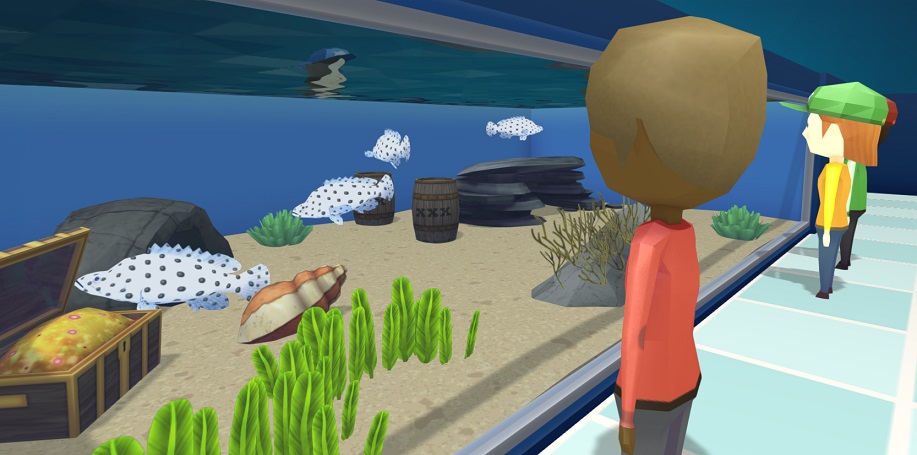 Drie Bezoekers bekijken een Aquarium met vier Panterbaarzen van rechts. De Vissen zijn wit met zwarte stippen, en hebben een 'inzinking' tussen kop en rug.