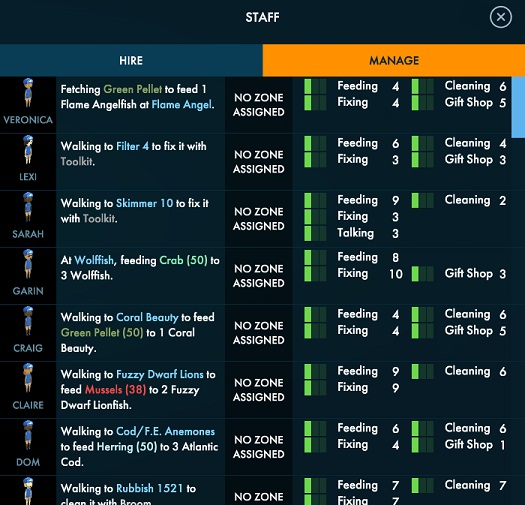 De Personeelslijst toont alle Personeelsleden onder elkaar, zijn/haar actuele bezigheid, zijn/haar Werkzone, en zijn/haar promoties.
