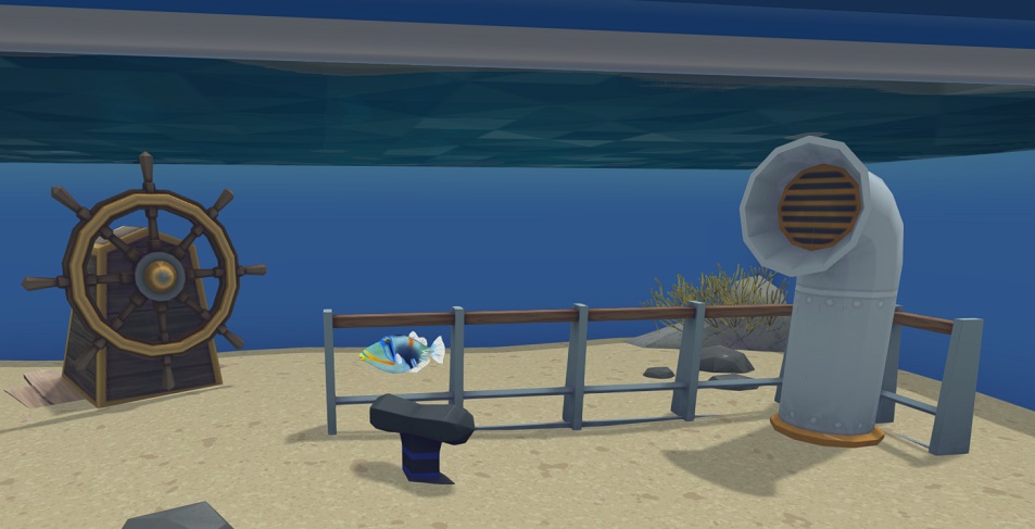 Een Picassotrekkervis in zijn Aquarium. De Vis heeft een lang gezicht en is donkerblauw, met lichtblauwe kop, en een oranjegele lijn boven de mond. Een Schipsreling, een Roer, Planten en Rotsen liggen in het Aquarium.