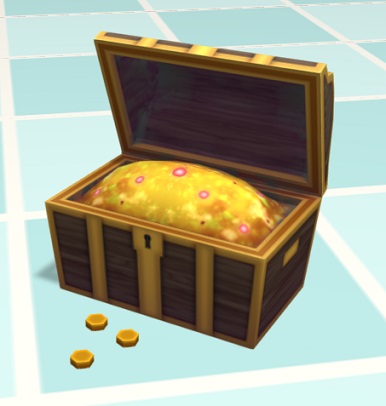Een open, houten schatkist. Het goud en de edelstenen zijn niet erg gedetailleerd weergegeven. Voor de kist liggen drie gouden munten.