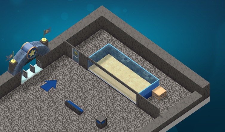 Vogelperspectief van de Aquariumingang, een Bezoekerspijl, een Zitbankje, een Vuilnisbak en een Groot Muuraquarium in Pirate Cove-stijl.
