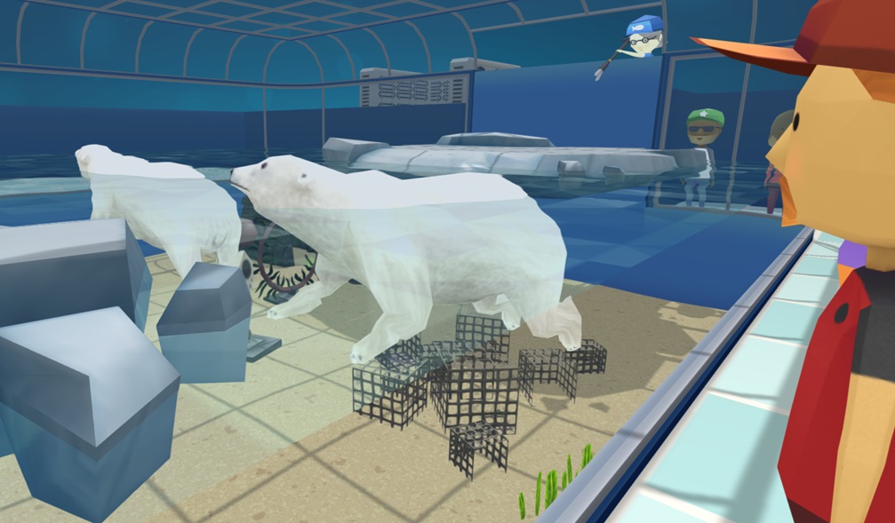 Twee IJsberen zwemmen in hun Polar Dome. Bezoekers bekijken de Dome van rechts. Bovenaan is een Aquarist in de weer met een voederstok ('feeding stick').