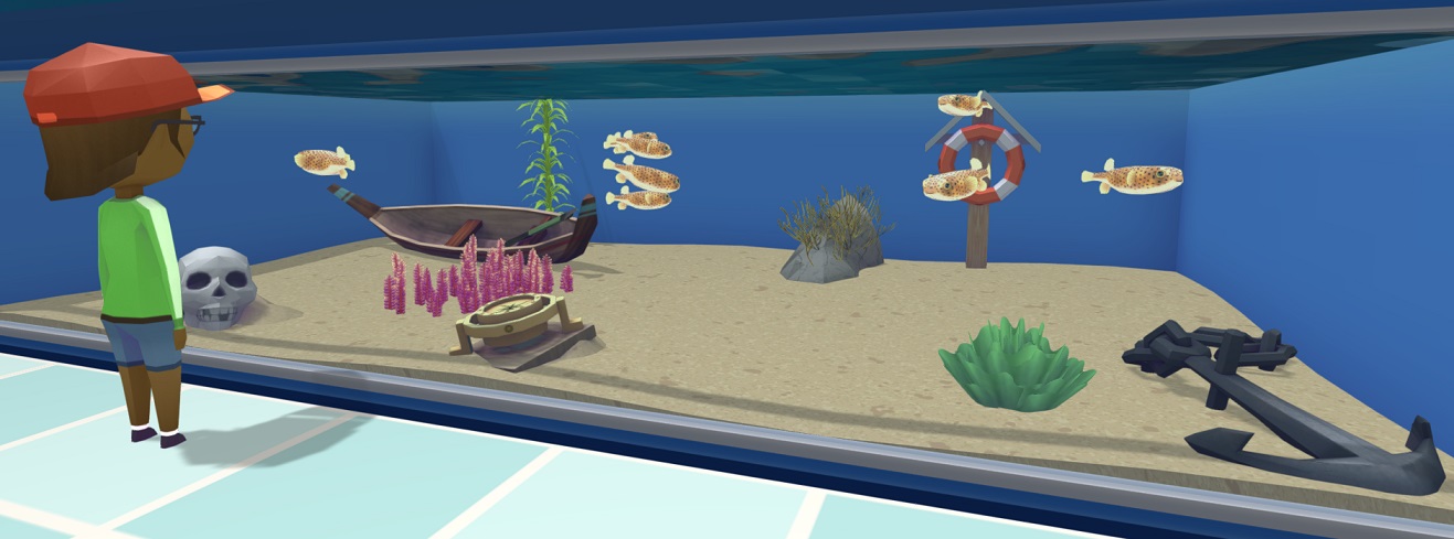 Acht Ballonegelvissen zwemmen in hun Aquarium; een Bezoeker bekijkt alles van links. In de Waterbak liggen naastr Planten en Rotsen ook een Kano, een Anker, een Schedel, een Kompas en een Reddingsboei.