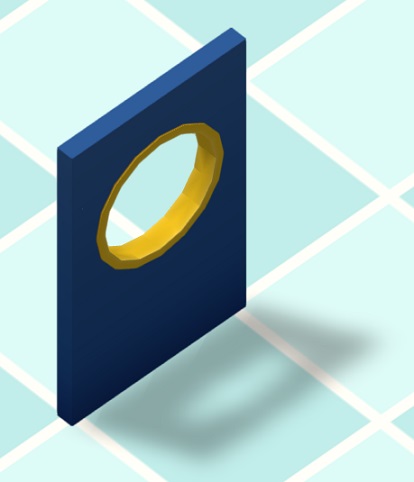 Vogelperspectief van een blauwe Porthole Wall, met bovenaan een rond glasraam-met-gele-rand.