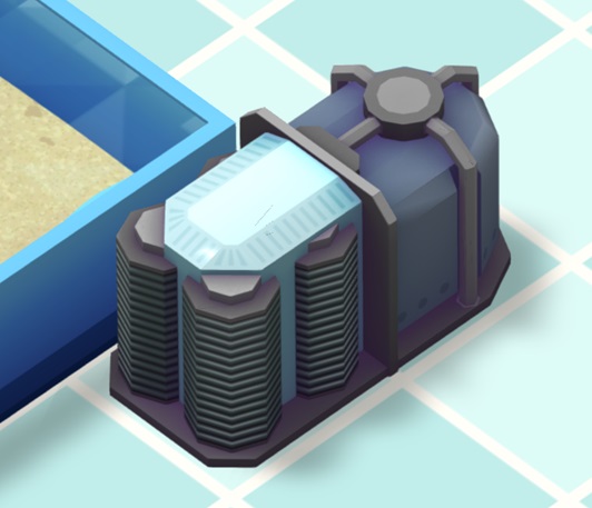 Vogelperspectief van een Power Combi Chiller: het Noordelijke deel ziet eruit als een Filter, het Zuidelijke deel als een Koeler. Dit Apparaat grenst links aan een Aquariumwand.