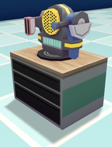 Een houten kastje met daarbovenop een grijze gereedschapshouder. Links bevat de houder een roze stuk gereedschap; rechts een blauw. Beide Gebruiksvoorwerpen zien eruit als pistolen.