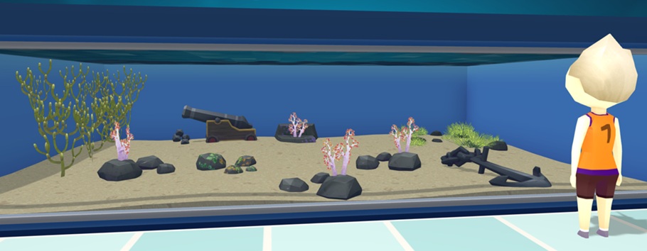 Een Bezoeker bekijkt van rechts een Muur-Aquarium met vier Prickly Soft Corals: drie zitten vast op een Kleine Steen en achteraan zit een Koraal vast op een Small Backdrop. In het Aquarium ligt links een Kanon en rechts een Anker; diverse Planten en Rotsen versieren het Aquarium.