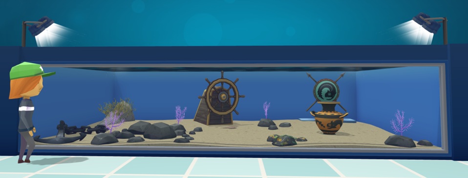 Een Bezoeker loopt langs een verlicht Muur-Aquarium met vier Gevorkte Zeeveren erin. Twee ervan staan op een Kei (midden en rechts); de twee anderen staan links op Puin. De Zeeveren zijn paars en takvormig. Als versiering werden een Roer, een Griekse Pot, een Hoplietenschild en diverse Planten en Rotsen toegevoegd.