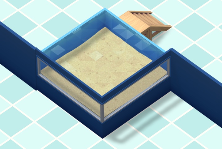 Vogelperspectief van een Raised Corner Tank: een hoek-Aquarium met twee kijkkanten, en de bodem op ooghoogte. Achter de muurpanelen zijn het platform en trapje te zien.